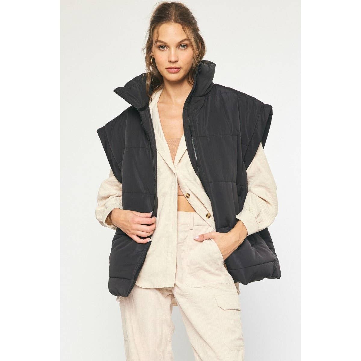 Solid quilted collared oversized vest