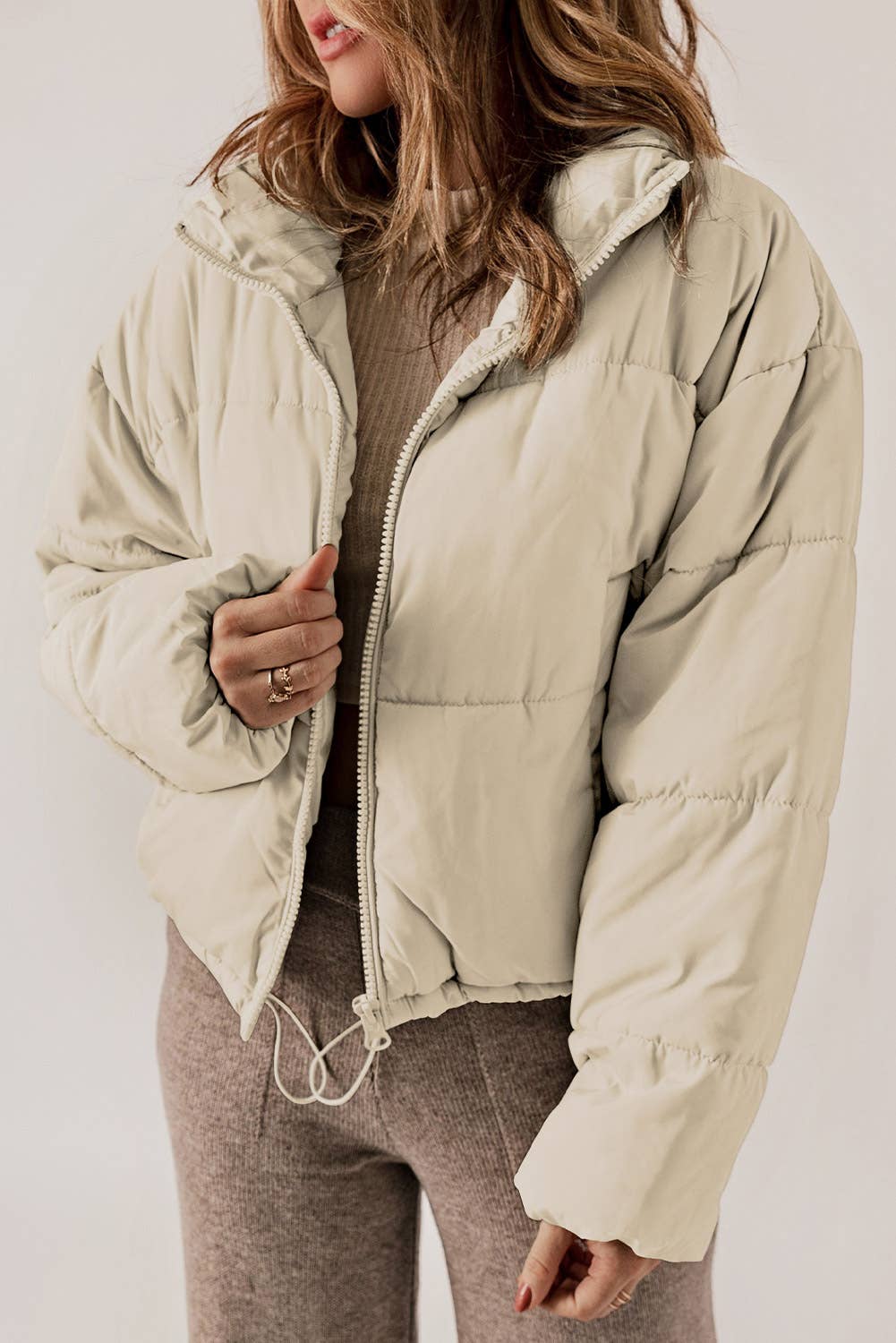 Zip Up Drawstring Hem Puffer Coat