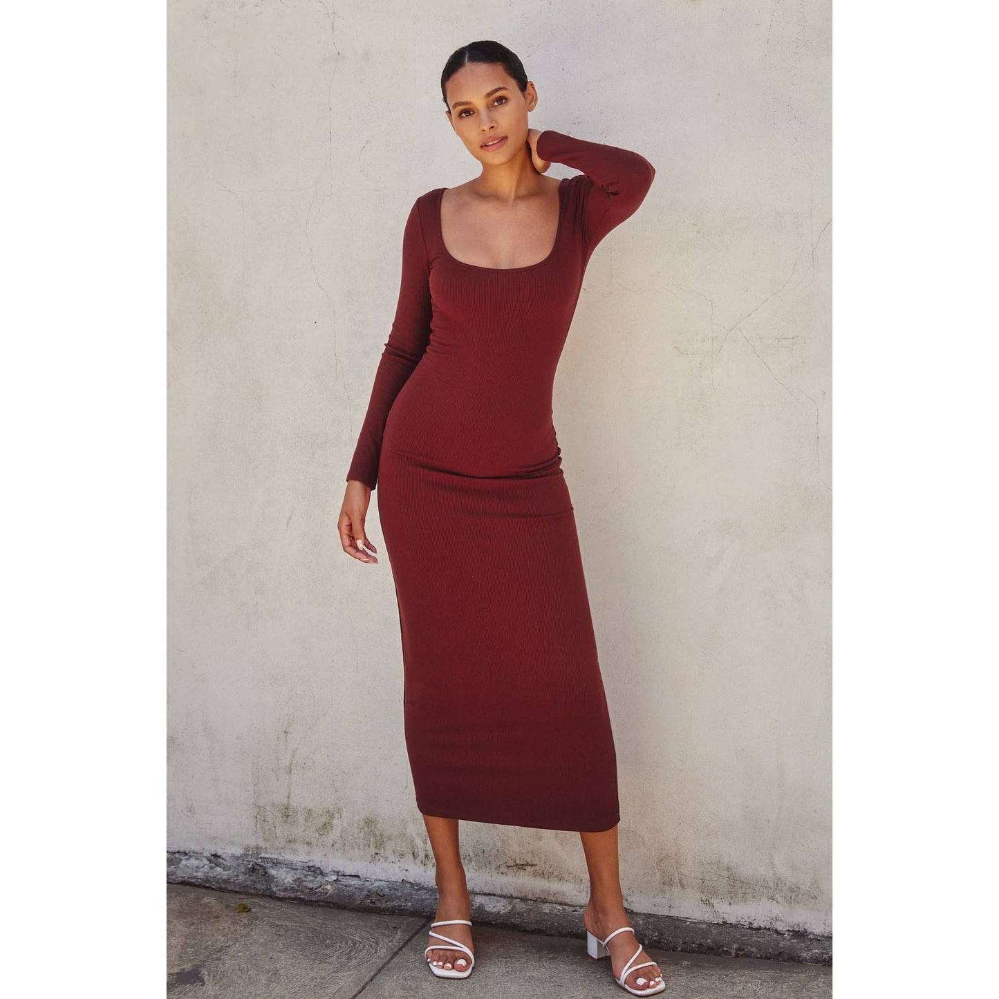 Ribbed Square Neck Midi Dress