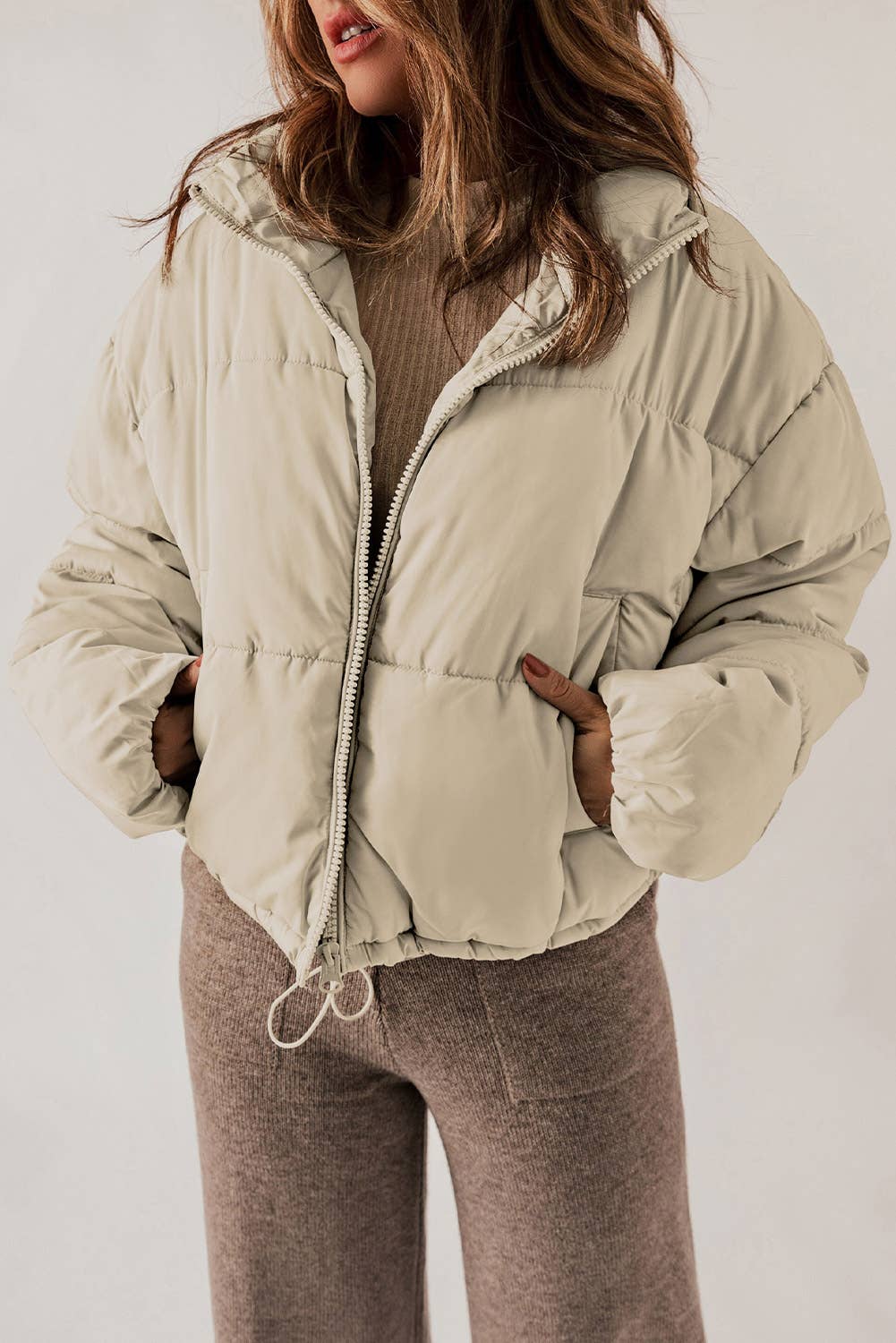 Zip Up Drawstring Hem Puffer Coat