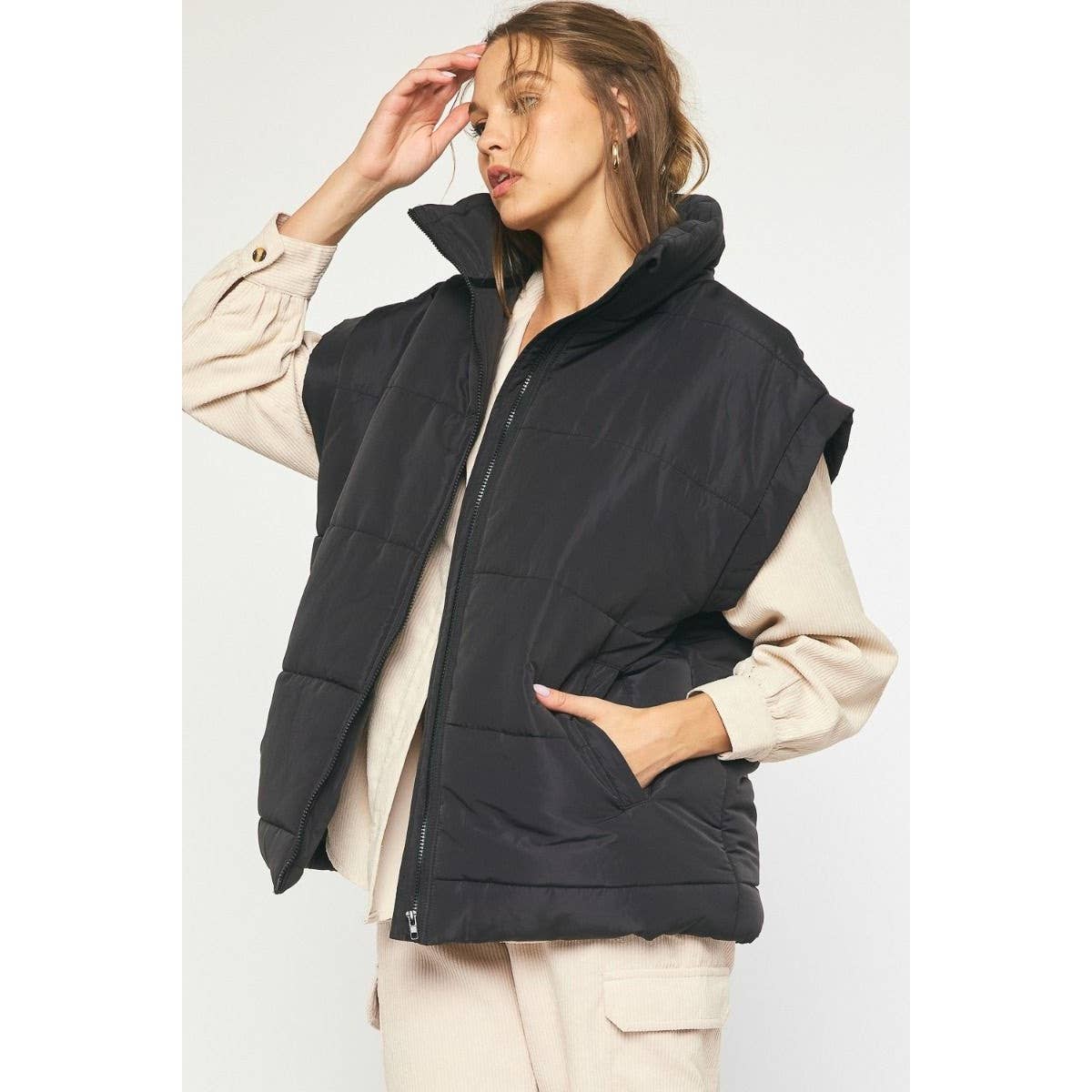 Solid quilted collared oversized vest