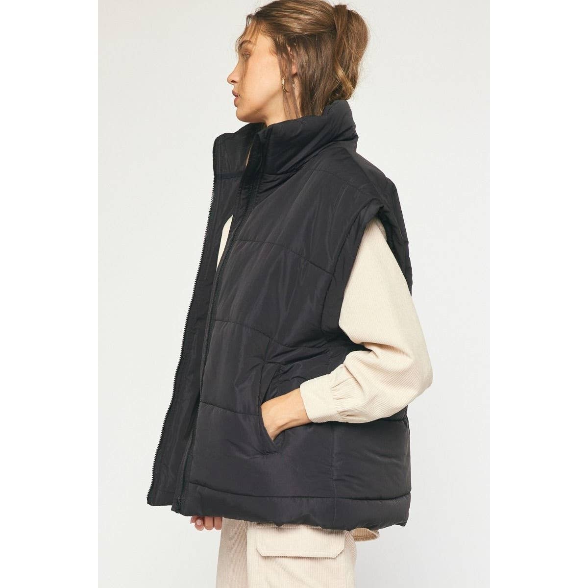 Solid quilted collared oversized vest