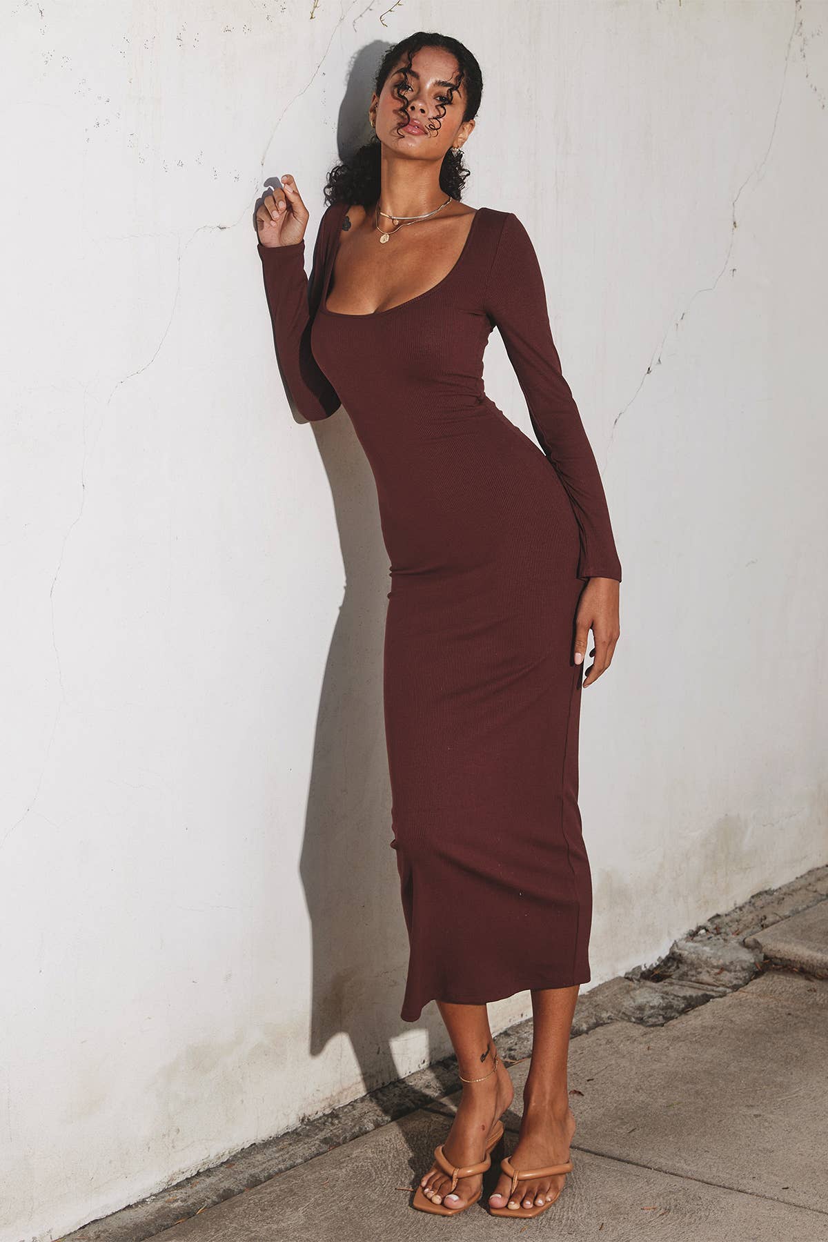 Ribbed Square Neck Midi Dress